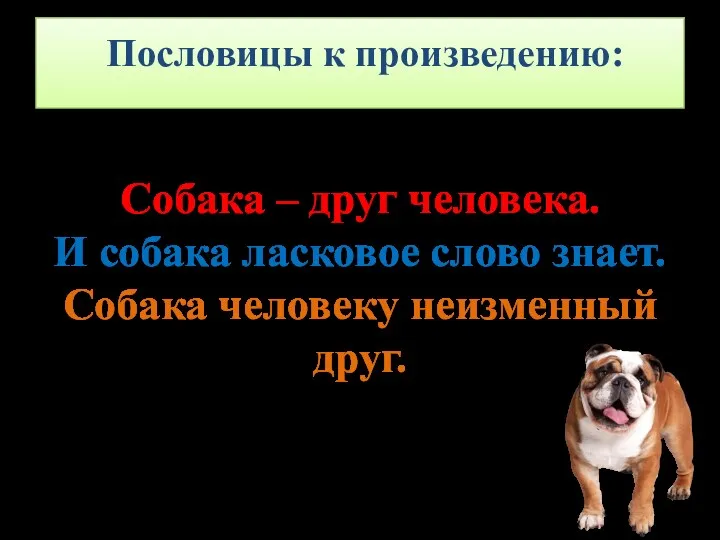 Пословицы к произведению: Собака – друг человека. И собака ласковое слово знает. Собака человеку неизменный друг.