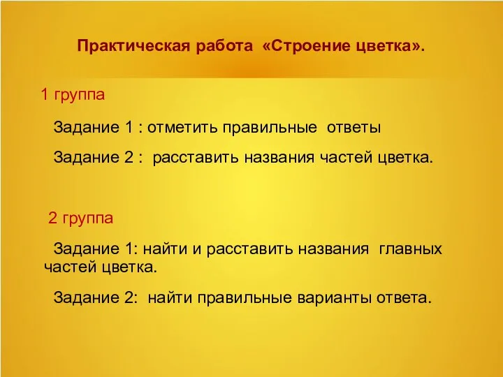 Практическая работа «Строение цветка». 1 группа Задание 1 : отметить