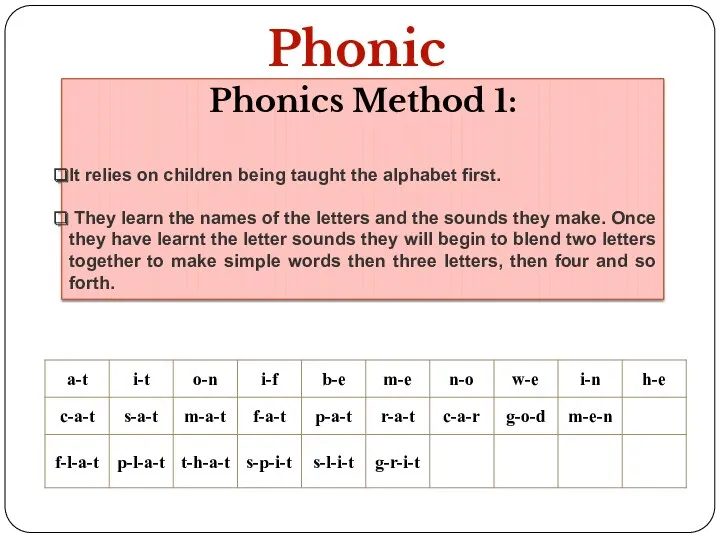 Phonics Phonics Method 1: It relies on children being taught