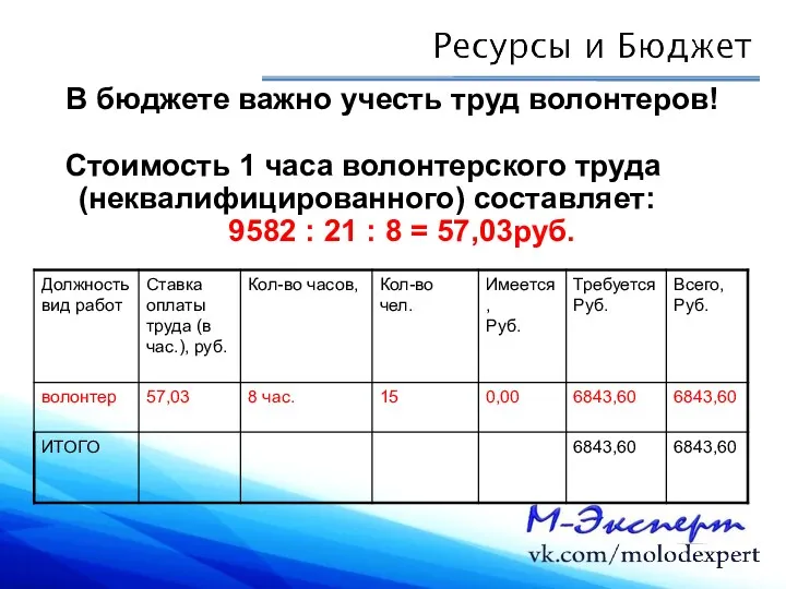 В бюджете важно учесть труд волонтеров! Стоимость 1 часа волонтерского