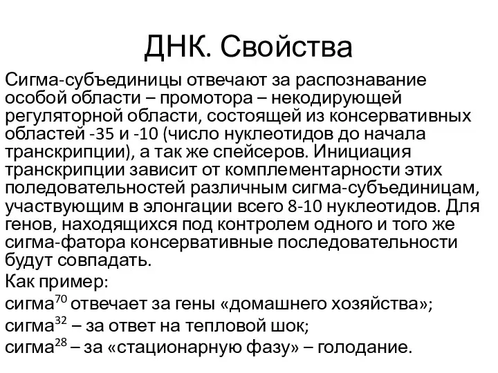 ДНК. Свойства Сигма-субъединицы отвечают за распознавание особой области – промотора