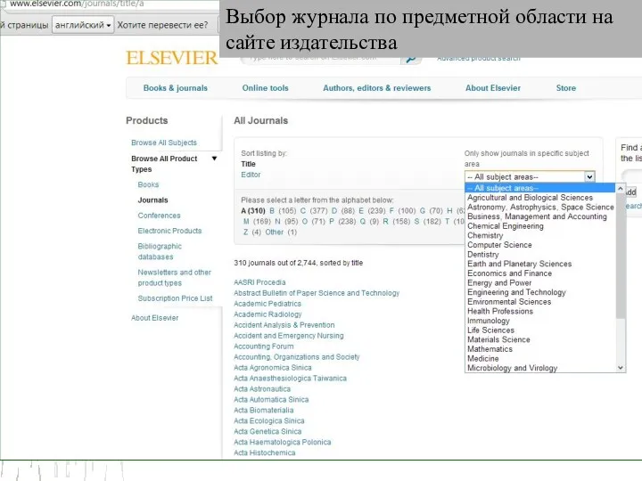 Выбор журнала по предметной области на сайте издательства