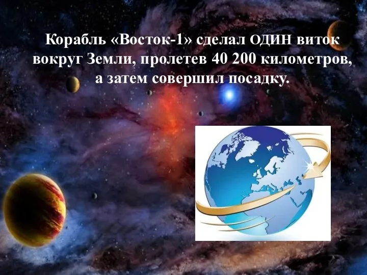 Корабль «Восток-1» сделал ОДИН виток вокруг Земли, пролетев 40 200 километров, а затем совершил посадку.