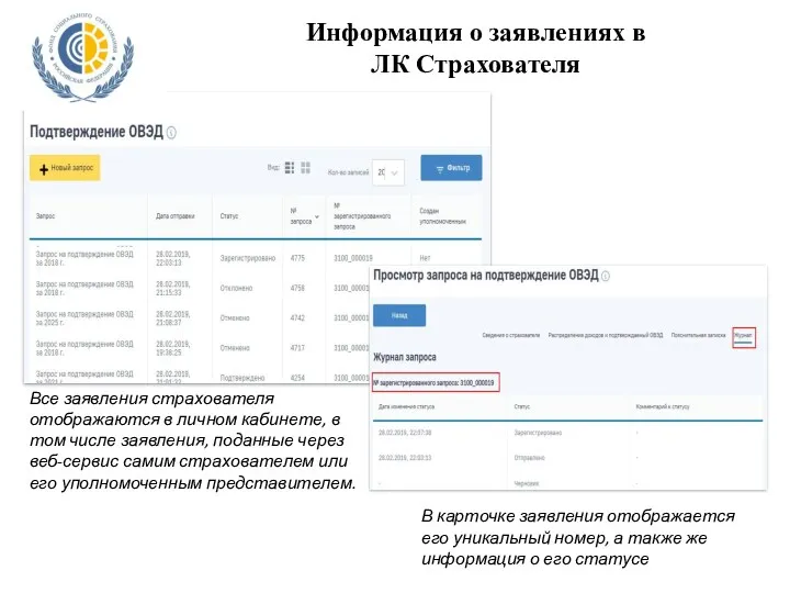 Информация о заявлениях в ЛК Страхователя Все заявления страхователя отображаются