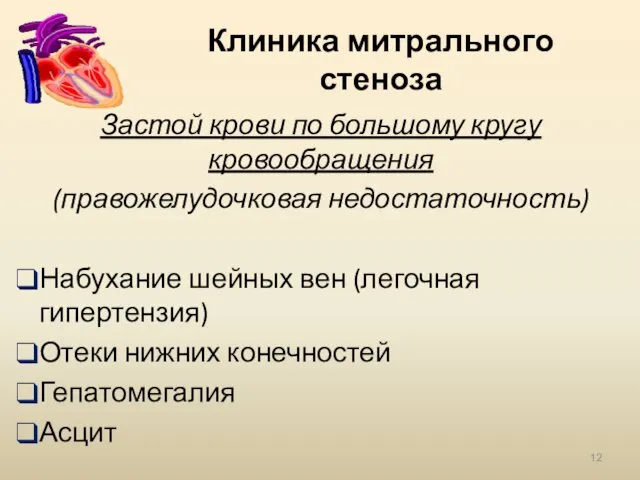 Клиника митрального стеноза Застой крови по большому кругу кровообращения (правожелудочковая