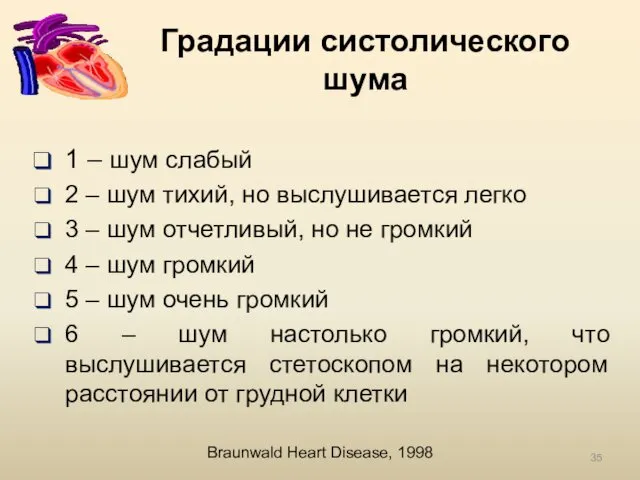 Градации систолического шума 1 – шум слабый 2 – шум