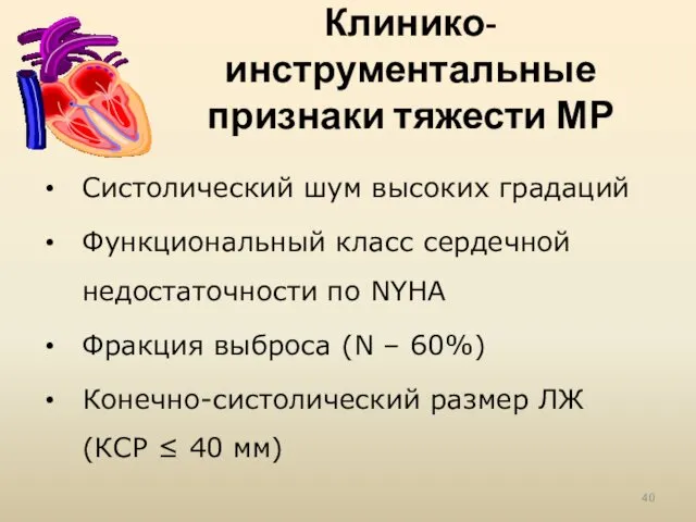 Клинико-инструментальные признаки тяжести МР Систолический шум высоких градаций Функциональный класс