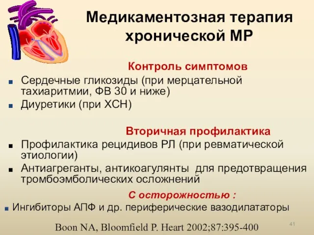 Медикаментозная терапия хронической МР Контроль симптомов Сердечные гликозиды (при мерцательной