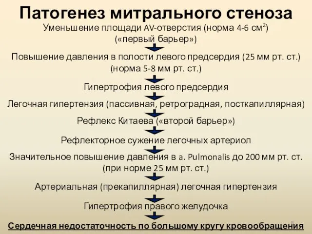 Патогенез митрального стеноза Уменьшение площади AV-отверстия (норма 4-6 см2) («первый