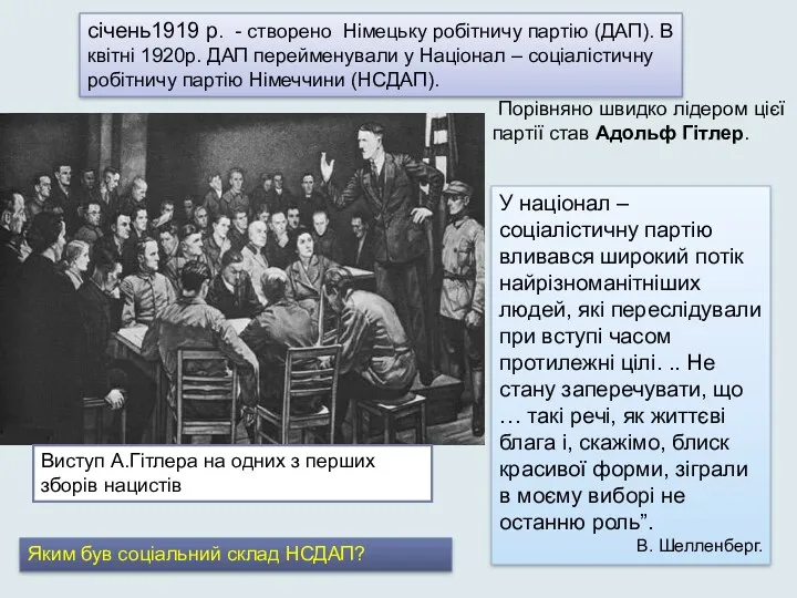 Порівняно швидко лідером цієї партії став Адольф Гітлер. січень1919 р.