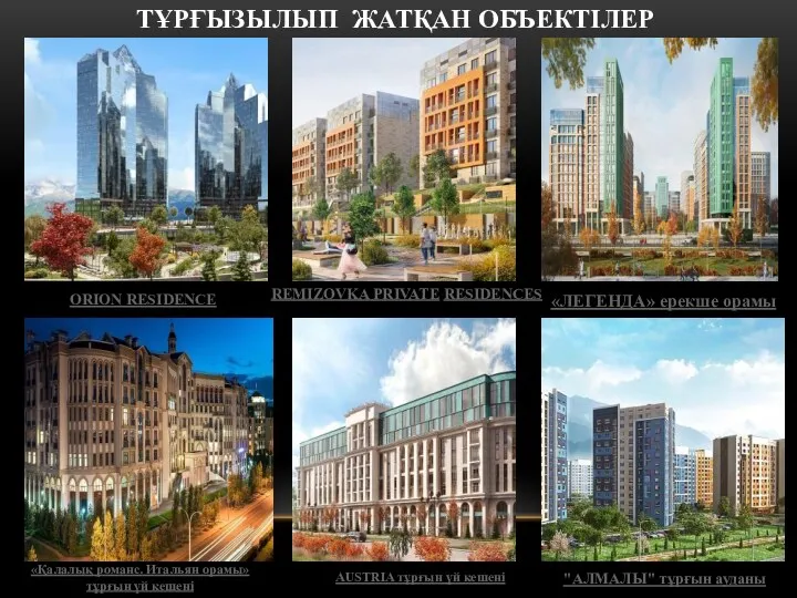 ТҰРҒЫЗЫЛЫП ЖАТҚАН ОБЪЕКТІЛЕР ORION RESIDENCE REMIZOVKA PRIVATE RESIDENCES «ЛЕГЕНДА» ерекше орамы «Қалалық романс.