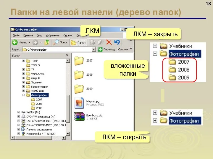 Папки на левой панели (дерево папок) ЛКМ ЛКМ – закрыть вложенные папки ЛКМ – открыть