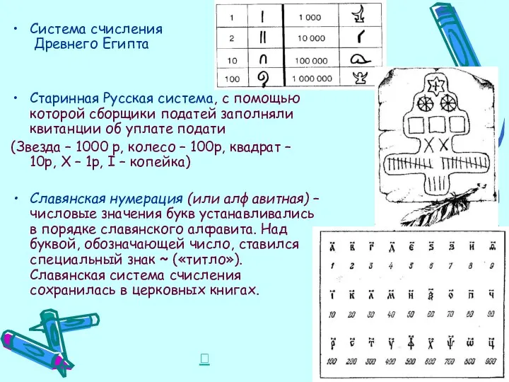 Система счисления Древнего Египта Старинная Русская система, с помощью которой