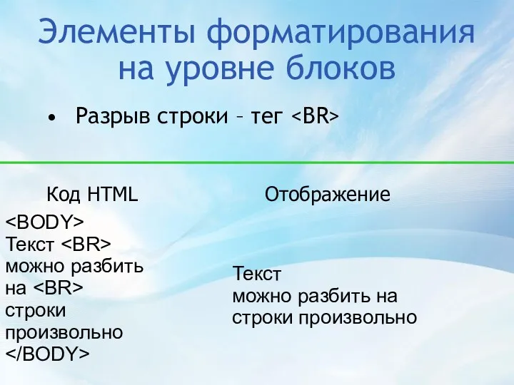 Элементы форматирования на уровне блоков Разрыв строки – тег Текст можно разбить на