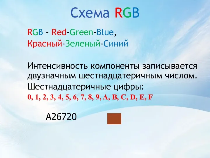 Схема RGB RGB - Red-Green-Blue, Красный-Зеленый-Синий Интенсивность компоненты записывается двузначным шестнадцатеричным числом. Шестнадцатеричные