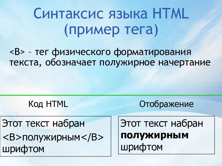 Синтаксис языка HTML (пример тега) – тег физического форматирования текста, обозначает полужирное начертание