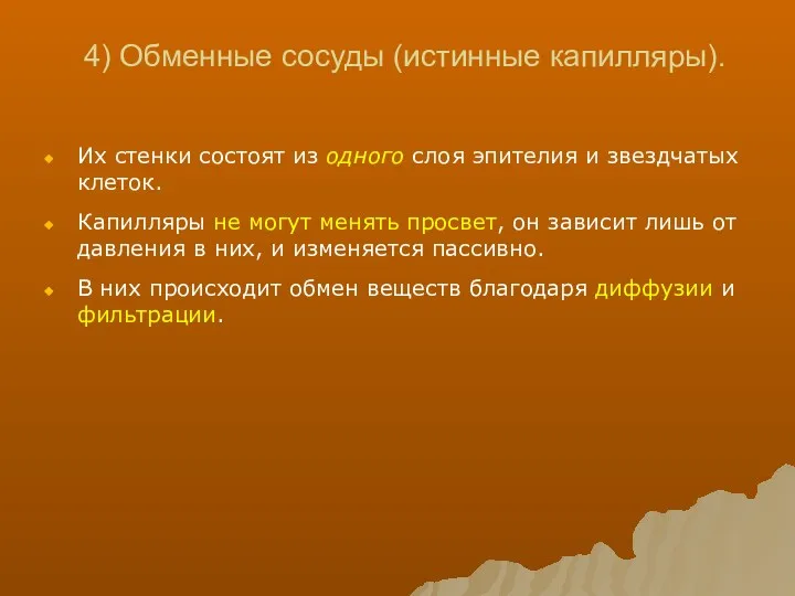 4) Обменные сосуды (истинные капилляры). Их стенки состоят из одного