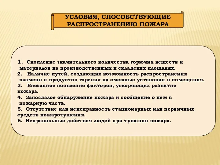 УСЛОВИЯ, СПОСОБСТВУЮЩИЕ РАСПРОСТРАНЕНИЮ ПОЖАРА 1. Скопление значительного количества горючих веществ