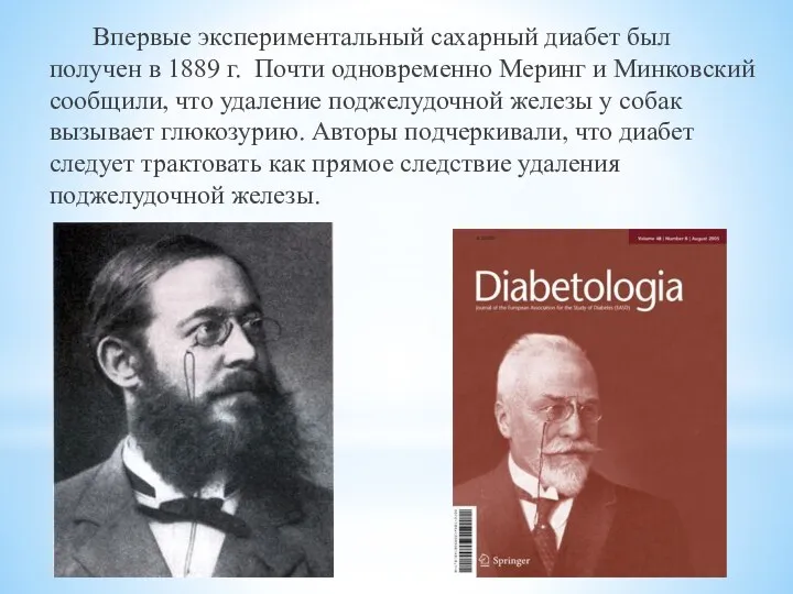 Впервые экспериментальный сахарный диабет был получен в 1889 г. Почти одновременно Меринг и
