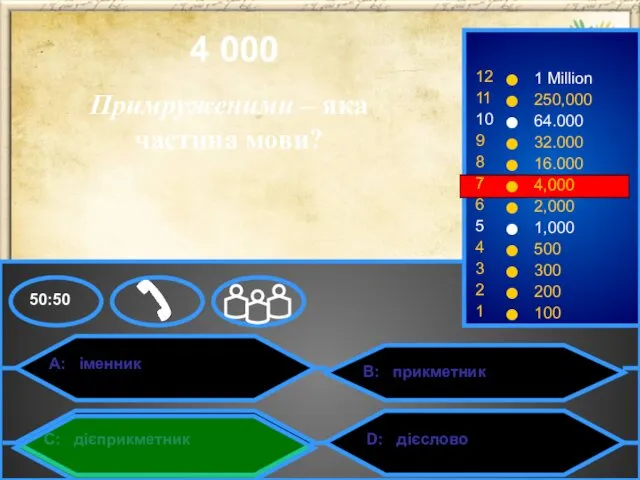 A: іменник C: дієприкметник B: прикметник D: дієслово 50:50 4