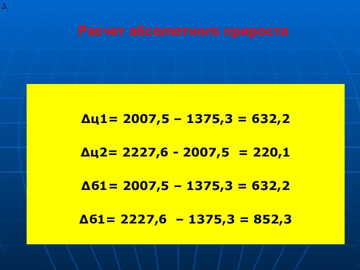 Расчет абсолютного прироста ∆ц1= 2007,5 – 1375,3 = 632,2 ∆ц2=