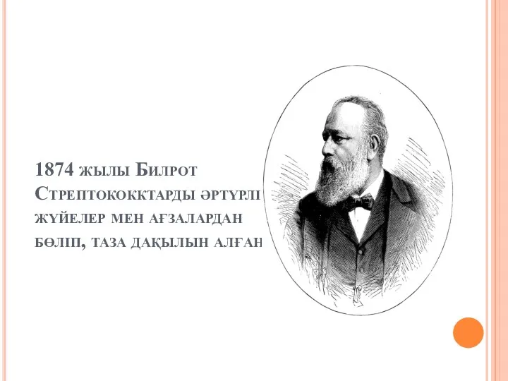 1874 жылы Билрот Стрептококктарды әртүрлі жүйелер мен ағзалардан бөліп, таза дақылын алған.