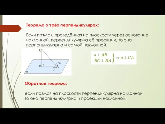 Теорема о трёх перпендикулярах: Если прямая, проведённая на плоскости через