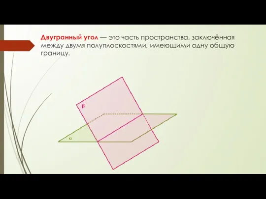 Двугранный угол — это часть пространства, заключённая между двумя полуплоскостями, имеющими одну общую границу.