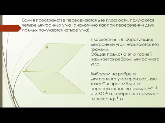 Если в пространстве пересекаются две плоскости, получаются четыре двугранных угла