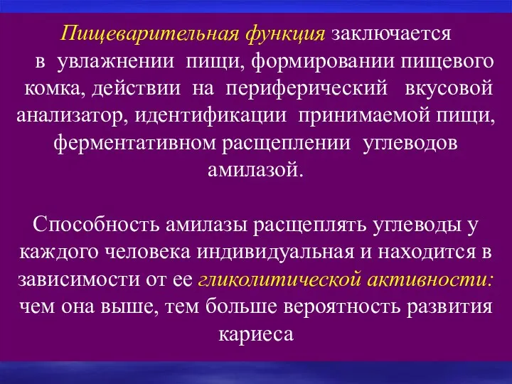 Пищеварительная функция заключается в увлажнении пищи, формировании пищевого комка, действии