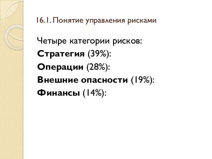 16.1. Понятие управления рисками Четыре категории рисков: Стратегия (39%): Операции (28%): Внешние опасности (19%): Финансы (14%):