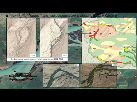 р. Брахмапутра Максимальный размыв берега около 200 м/год 16 Горизонтальные деформации в западной части Китая