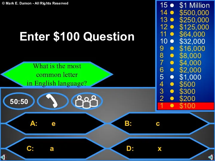 A: e C: a B: c D: x 50:50 15