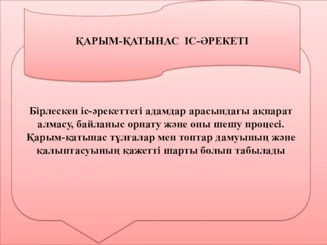 Бірлескен іс-әрекеттегі адамдар арасындағы ақпарат алмасу, байланыс орнату және оны шешу процесі. Қарым-қатынас