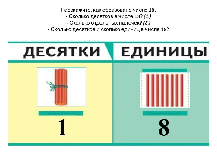 Расскажите, как образовано число 18. - Сколько десятков в числе