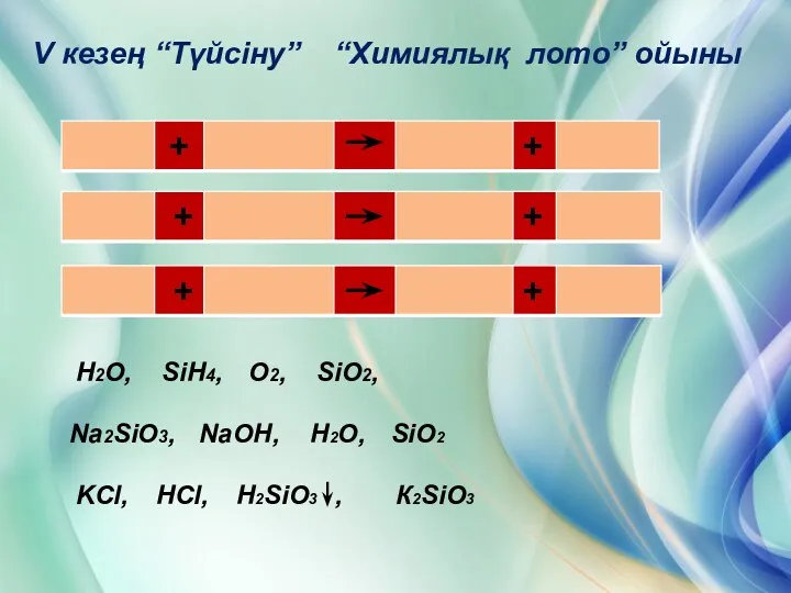 V кезең “Түйсіну” “Химиялық лото” ойыны H2O, SiH4, O2, SiO2,