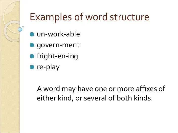 Examples of word structure un-work-able govern-ment fright-en-ing re-play A word