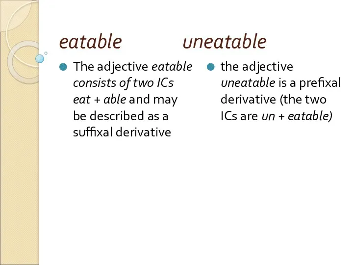 eatable uneatable The adjective eatable consists of two ICs eat