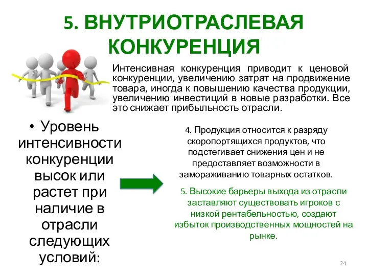 5. ВНУТРИОТРАСЛЕВАЯ КОНКУРЕНЦИЯ Интенсивная конкуренция приводит к ценовой конкуренции, увеличению