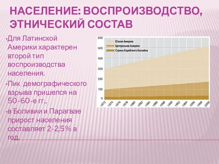 НАСЕЛЕНИЕ: ВОСПРОИЗВОДСТВО, ЭТНИЧЕСКИЙ СОСТАВ Для Латинской Америки характерен второй тип