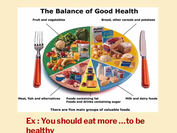 Ex : You should eat more …to be healthy