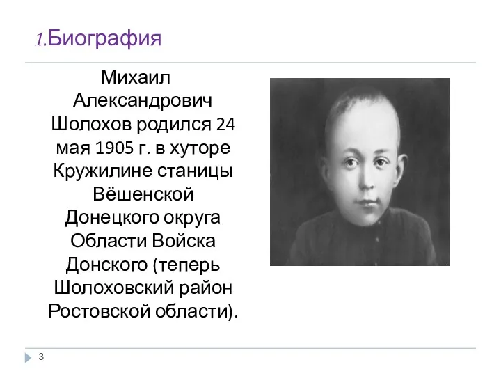 1.Биография Михаил Александрович Шолохов родился 24 мая 1905 г. в хуторе Кружилине станицы