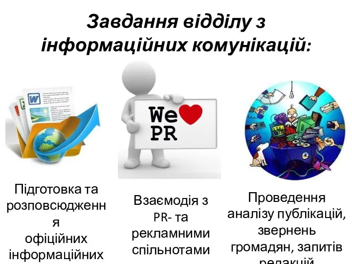 Завдання відділу з інформаційних комунікацій: Підготовка та розповсюдження офіційних інформаційних