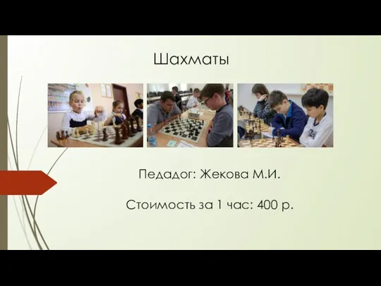 Шахматы Педадог: Жекова М.И. Стоимость за 1 час: 400 р.