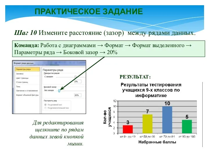 ПРАКТИЧЕСКОЕ ЗАДАНИЕ Шаг 10 Измените расстояние (зазор) между рядами данных.