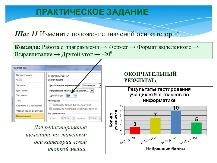 ПРАКТИЧЕСКОЕ ЗАДАНИЕ Шаг 11 Измените положение значений оси категорий. Команда: