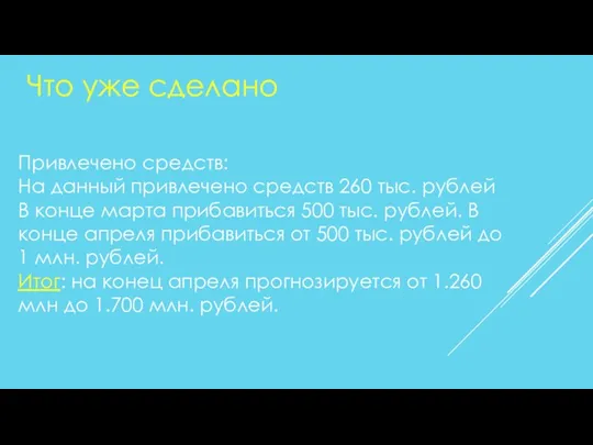 Что уже сделано Привлечено средств: На данный привлечено средств 260