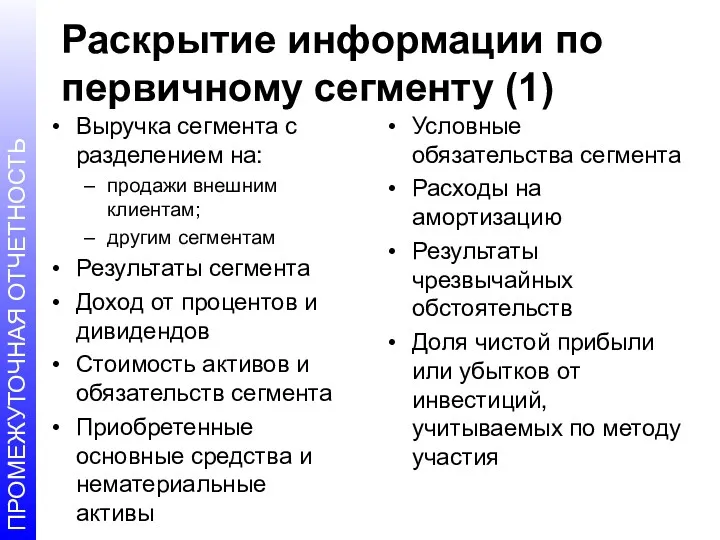 Раскрытие информации по первичному сегменту (1) Выручка сегмента с разделением