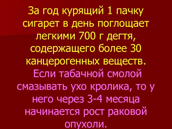 За год курящий 1 пачку сигарет в день поглощает легкими 700 г дегтя,