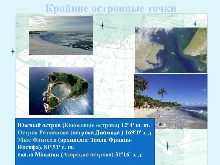 Крайние островные точки мыс Дежнева Южный остров (Кокосовые острова) 12°4'